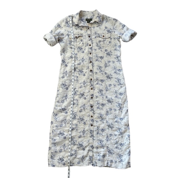 Eddie Bauer Prarie Linen Floral Shirt Dress Cream & Blue 3/4 Sleeve Large - Picture 7 of 10
